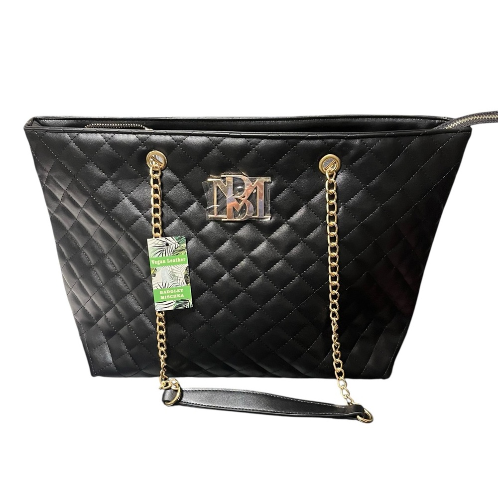 Badgley Mischka Large Black Quilted Shoulder Bag with Gold Chain Handles NWT